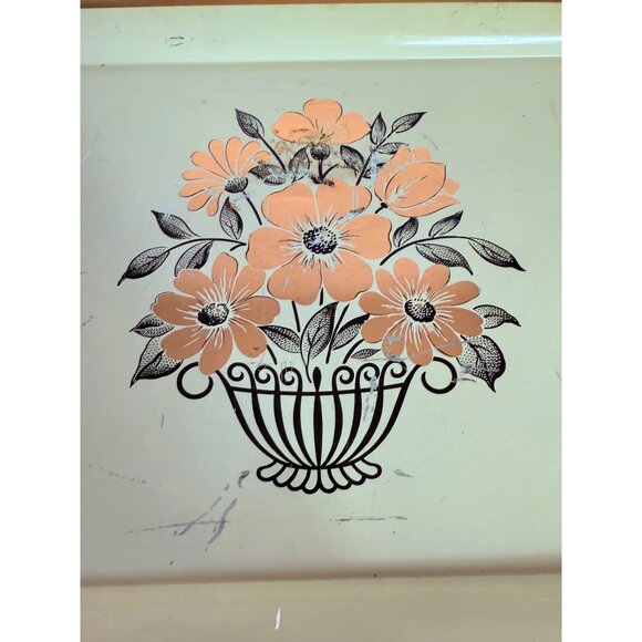Rustic Metal Floral Serving Tray Gold Tone Flowers Trim Farmers Market VTG 50s - Picture 7 of 16